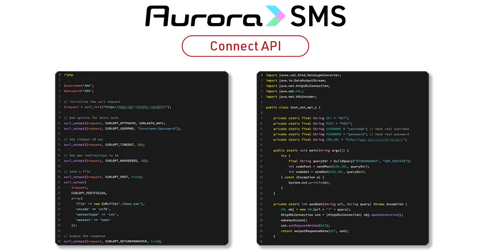自社システムに組み込みSMSを送信
「Aurora SMS Connect API」